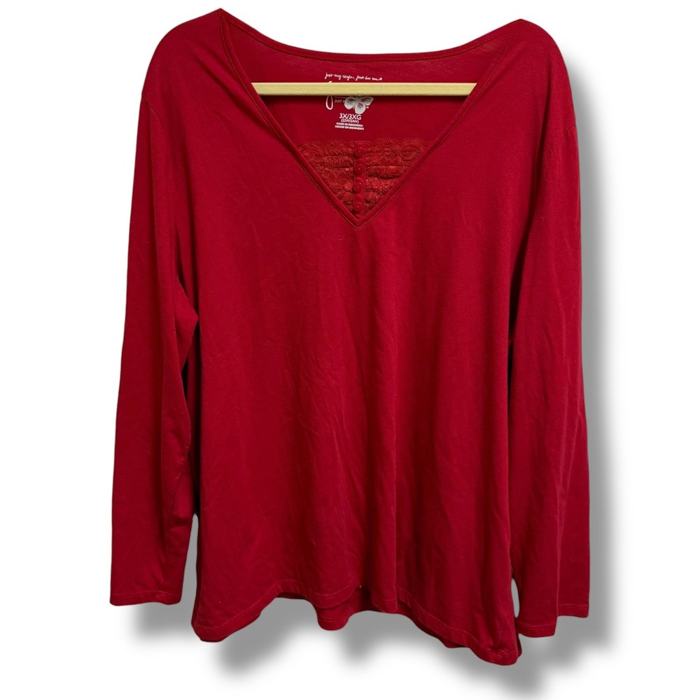 Just My Size Women Red Long Sleeve Lace V-Neck Henley Top Plus 3X 22W-24W J454